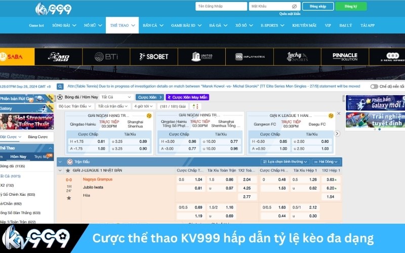 Cược thể thao KV999 hấp dẫn tỷ lệ kèo đa dạng